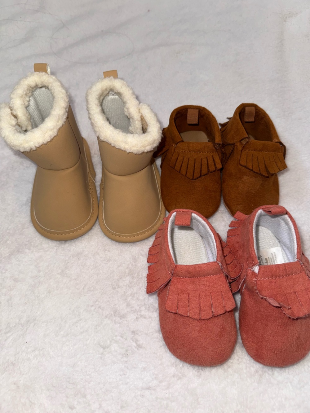 Carter's Tan Faux-Sherpa Boots with Brown and Rust Suede Fringe Moccasins - Baby